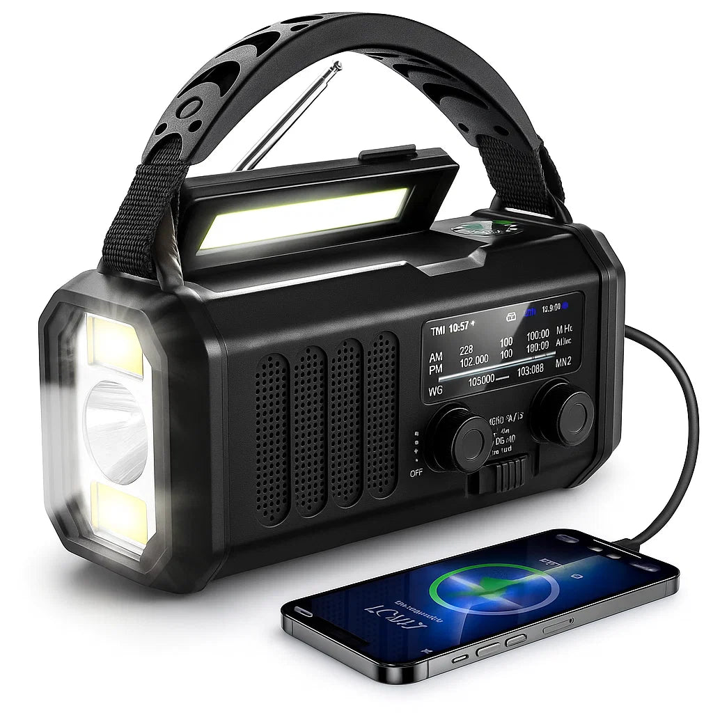 Nödradio – 10,000 mAh Powerbank, LED-lampa & Vevgenerator